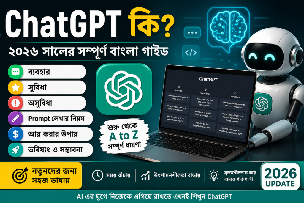 ChatGPT কী? ২০২৬ সালের সম্পূর্ণ বাংলা গাইড - ব্যবহার, সুবিধা, অসুবিধা, Prompt, আয় করার উপায় ও ভবিষ্যৎ