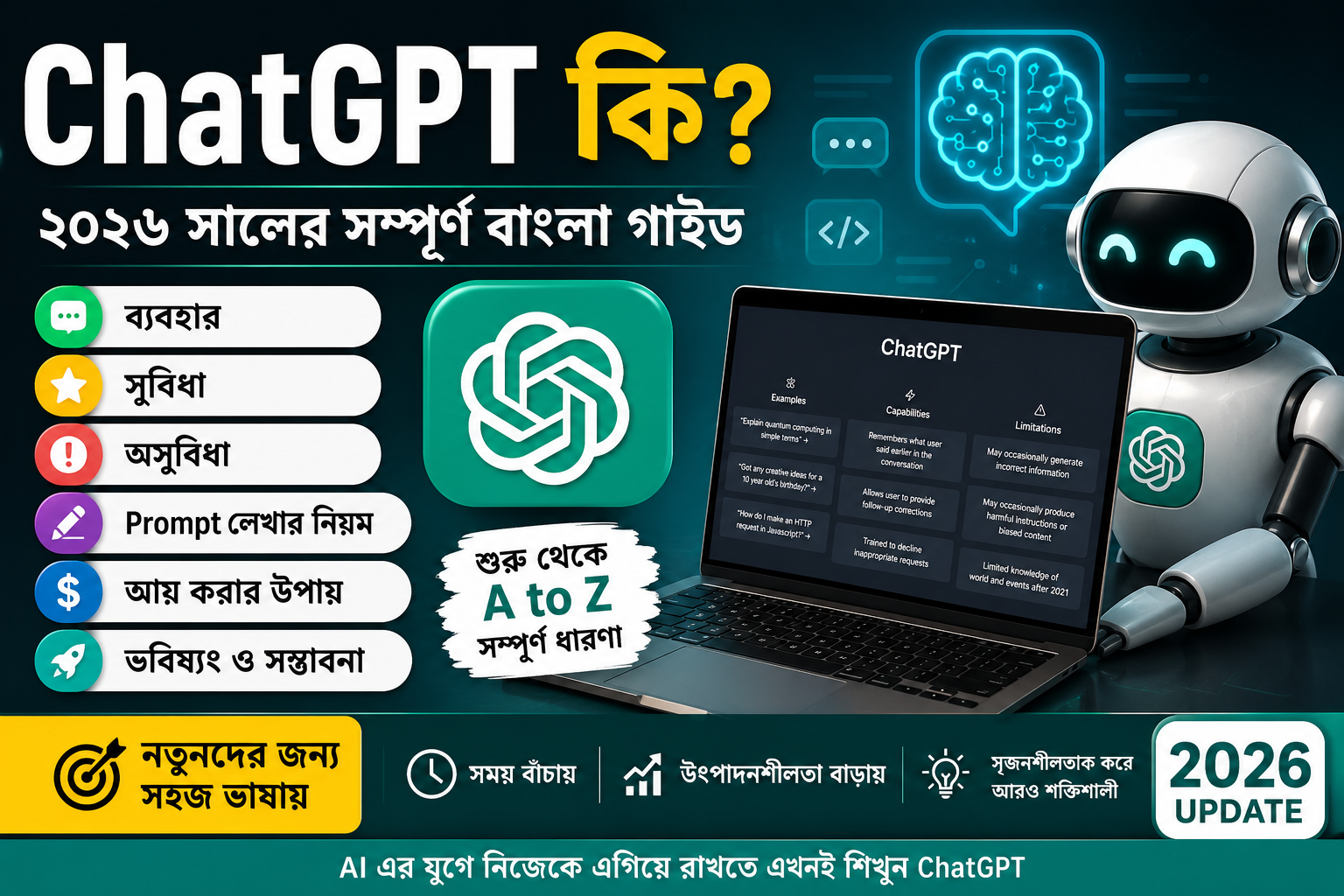 ChatGPT কী? ২০২৬ সালের সম্পূর্ণ বাংলা গাইড - ব্যবহার, সুবিধা, অসুবিধা, Prompt, আয় করার উপায় ও ভবিষ্যৎ