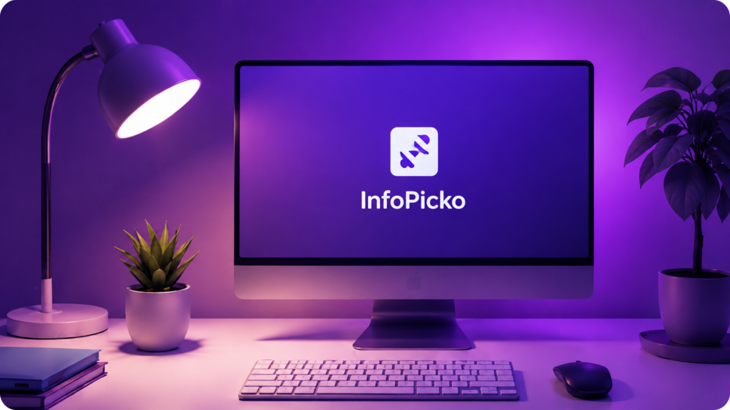InfoPicko digital workspace with computer monitor and purple lighting