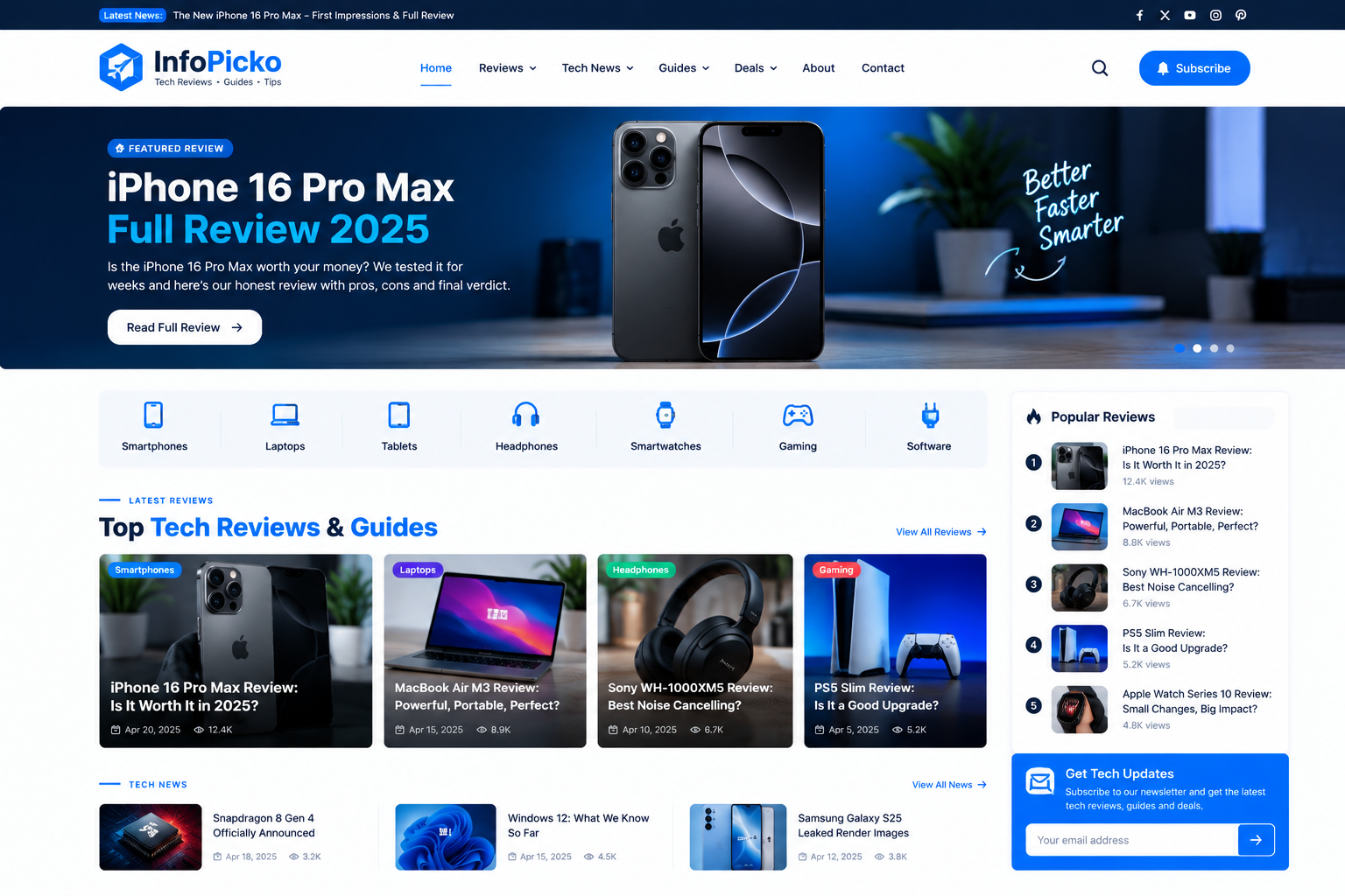 InfoPicko tech reviews website design demo