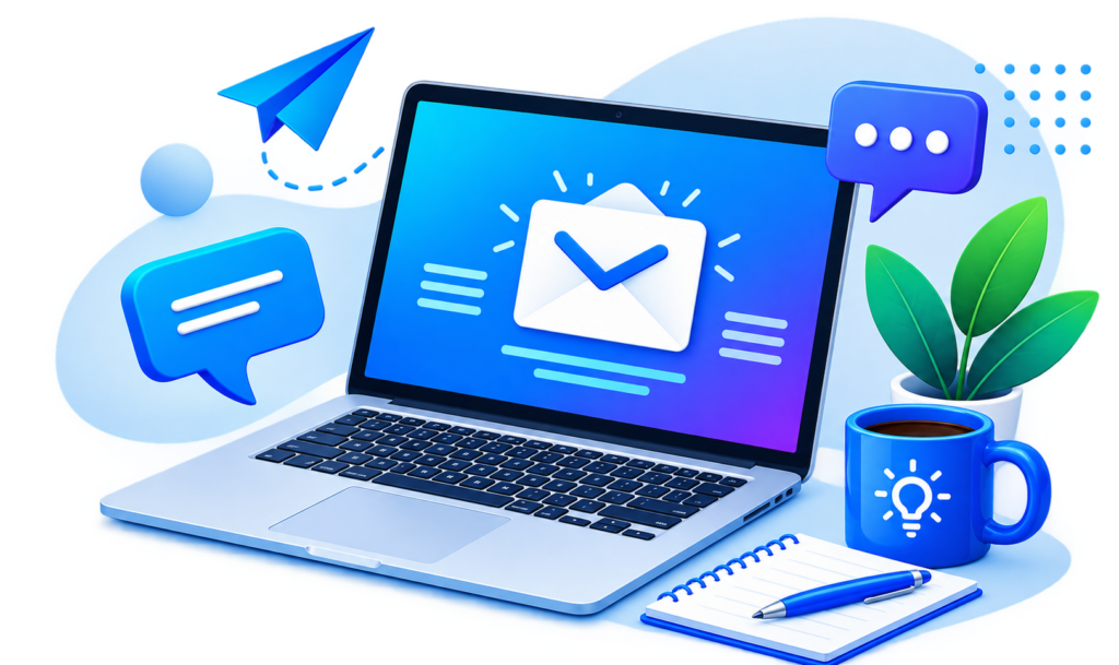 Digital communication workspace with laptop, email, chat icons, notebook and plant